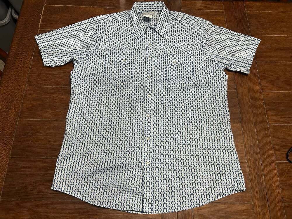 Wrangler Wrancher Shirts Men's Blue Geometric Short Sleeve Button-Up Size XLT